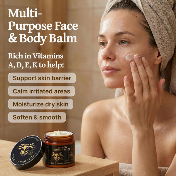 Grass-fed Whipped Beef Tallow Honey Balm for Face with Beeswax- - Rich in Vitamins A, D, E, and K and Nurishment for Your Face and Body - 4.2 OZ (scented)